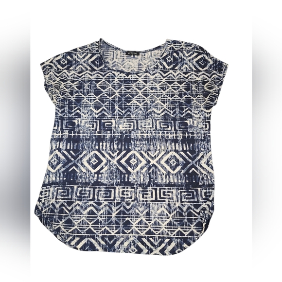 Eclipse Blue & White Graphic Cap Sleeve Blouse Sz Med - Picture 6 of 7